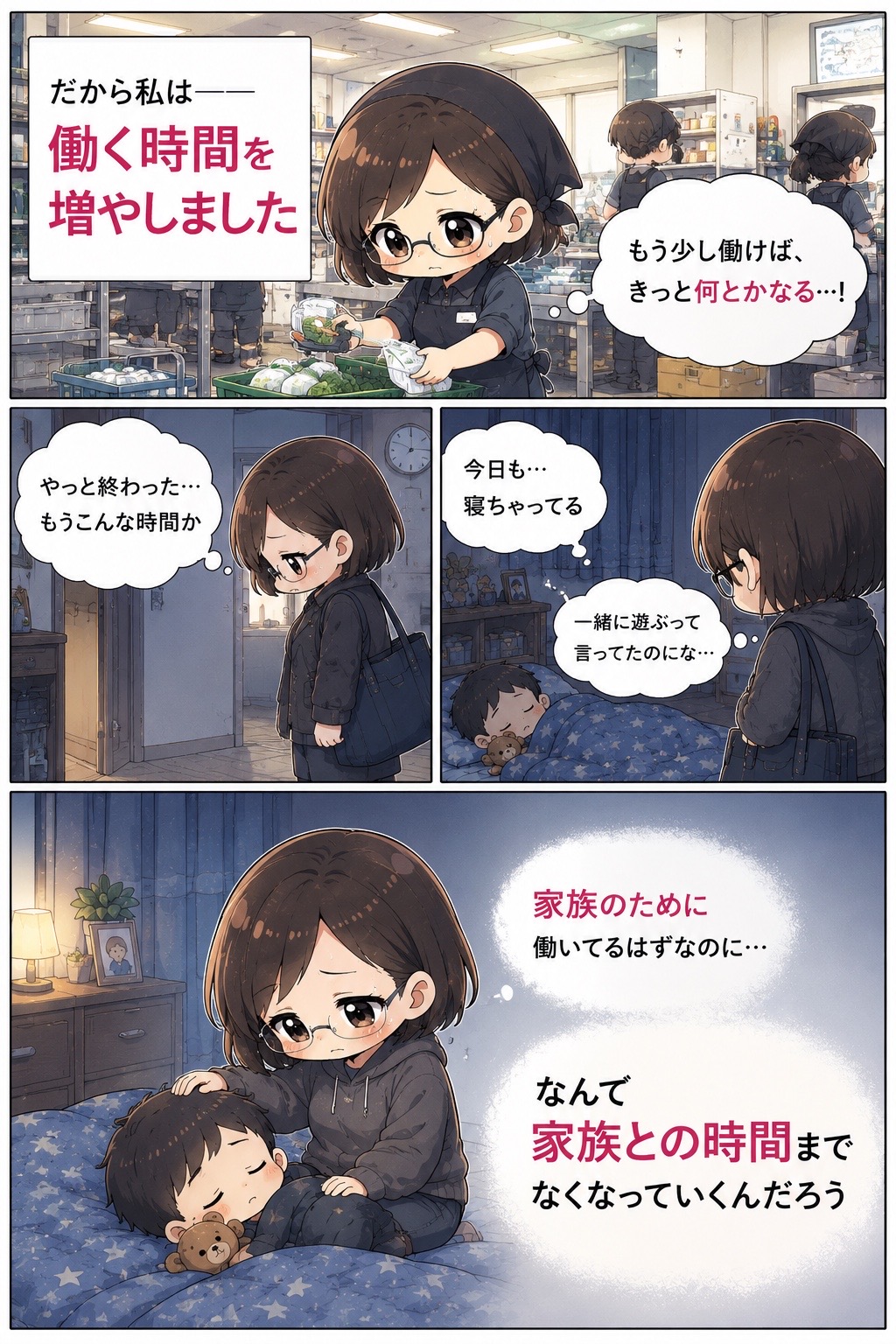 働く時間を増やしても家族との時間がなくなっていく悩みを描いた漫画