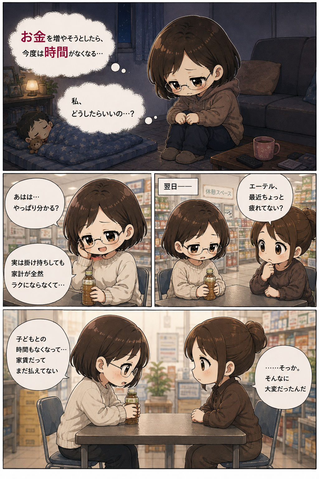 時間もお金も足りない不安を同僚へ打ち明ける漫画