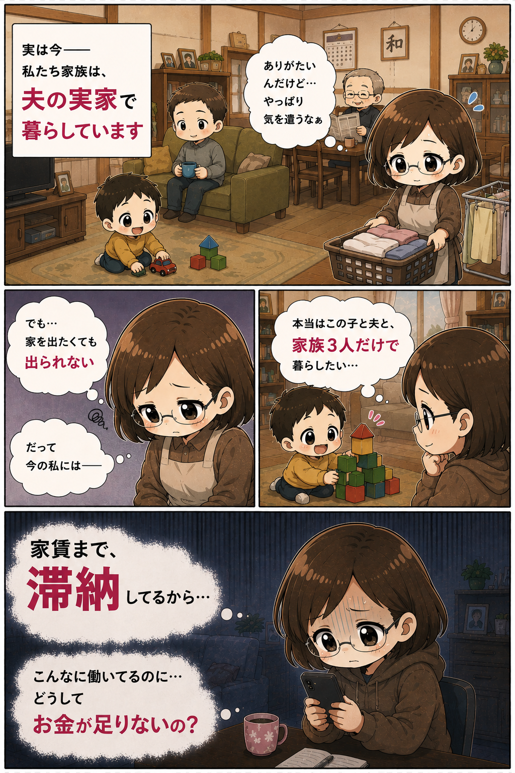 実家暮らしと家賃滞納の不安を描いた漫画