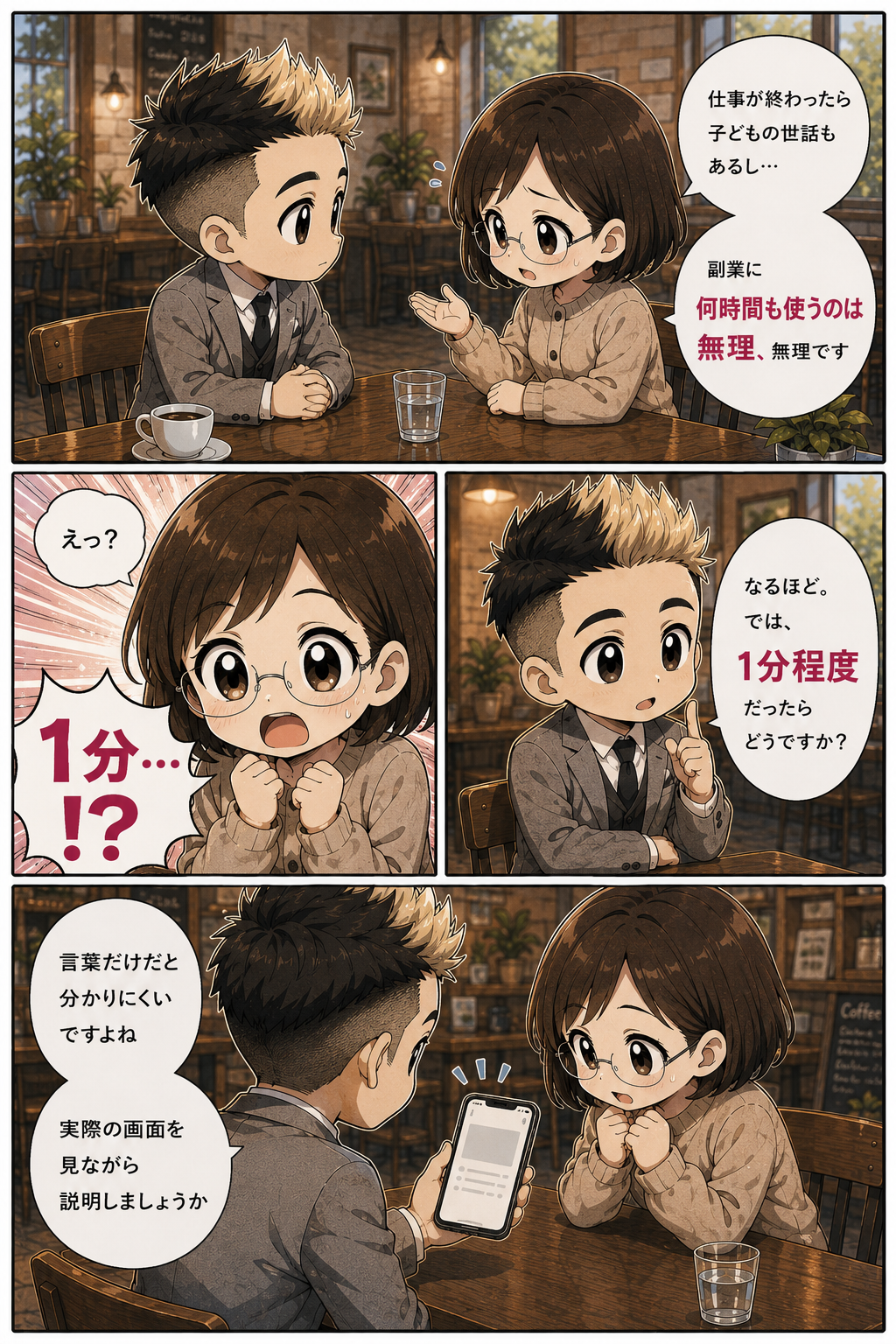 1分程度の操作で続けやすいことを説明する漫画