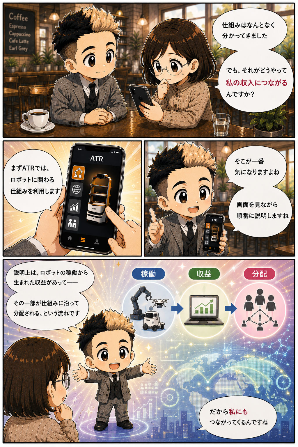 稼働、収益、分配の流れを説明する漫画